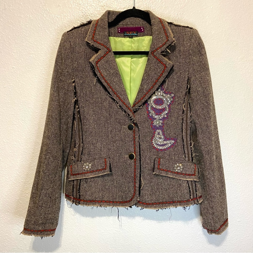 Zone Spy Exchange Tweed Style Bedazzled Y2K Wool Silk Blazer Jacket Large